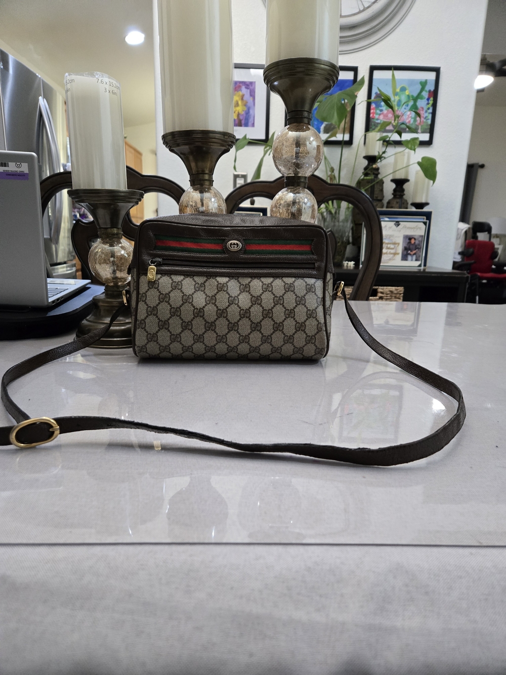 Gucci Brown GG Supreme Crossbody with Green-Red Web Stripe
